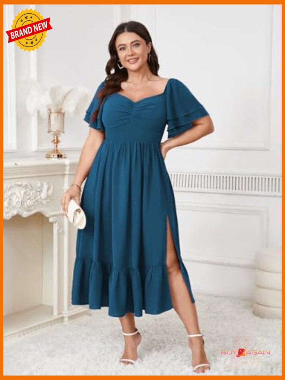 Plus Size Sweetheart Neckline Ruffle Slit Maxi Dress Cocktail Wedding Guest - Picture 3 of 7